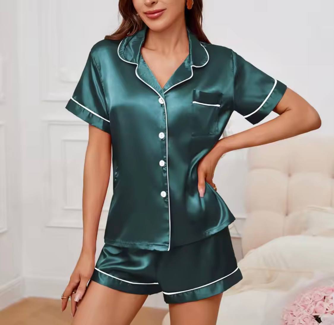 Women's Pajamas Set Satin Sleepwear Button Down Tops and Shorts Pajama 2 Piece Suit Pajamas Femme Nightwear Loungewear for Summer